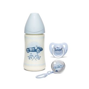 ست شیشه شیر، پستانک و بند پستانک طرح ماشین مسابقه سواوینکس Suavinex