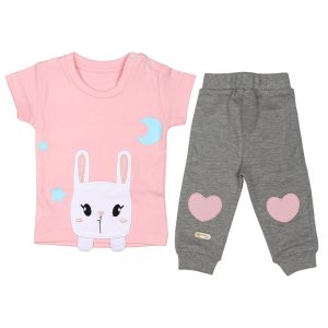 ست بلوز آستین کوتاه با شلوار طرح خرگوش تکه دوزی برگ سبز Barge Sabz