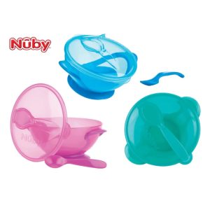 کاسه درب دار چسبی با قاشق نابی Nuby