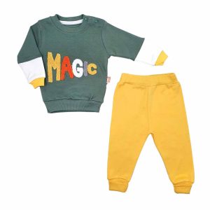 ست بلوز آستین بلند و شلوار بچه گانه پسرانه سبز زرد مجیک Beyaz bebek
