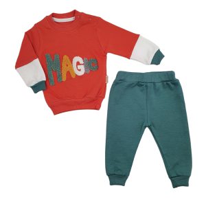 ست بلوز آستین بلند و شلوار بچه گانه پسرانه سبز قرمز مجیک Beyaz bebek