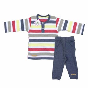 ست بلوز آستین بلند با شلوار پسرانه راه راه دو دکمه برگ سبز Barge Sabz