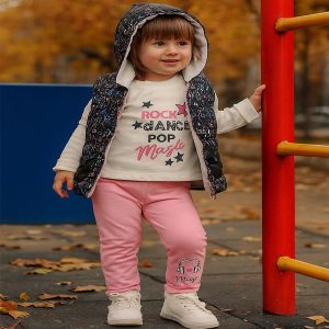 ست 3 تکه بلوز آستین بلند پافر و شلوار نوزاد دخترانه صورتی Vital