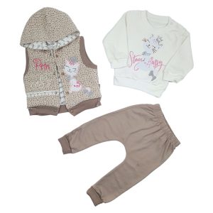 ست 3 تکه بلوز آستین بلند جلیقه و شلوار نوزاد دخترانه قهوه ای طرح گربه