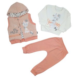 ست 3 تکه بلوز آستین بلند جلیقه و شلوار نوزاد دخترانه گربه گلبهی Baby hi
