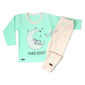 ست بلوز آستین بلند با شلوار بچه گانه طرح Good Night برگ سبز Barge Sabz