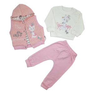 ست 3 تکه بلوز آستین بلند جلیقه و شلوار نوزاد دخترانه گربه صورتی Baby hi