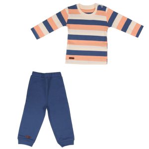 ست بلوز آستین بلند با شلوار پسرانه راه راه گلبهی برگ سبز Barge Sabz