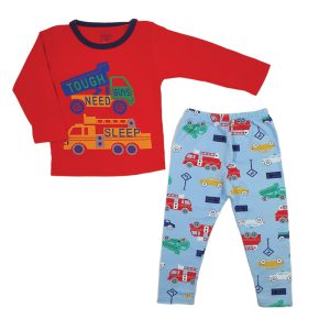 ست بلوز آستین بلند و شلوار نخی پسرانه طرح آتش نشانی