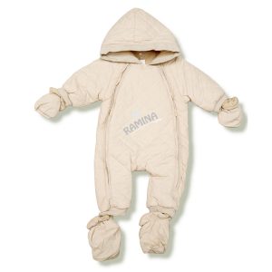 کاپشن سرهمی دستکش و پاپوش دار نوزاد طرح لوزی کرم