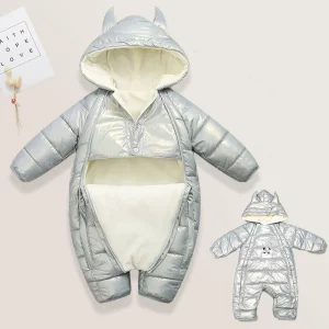 کاپشن سرهمی کلاه دار نوزادی طوسی طرح گاو