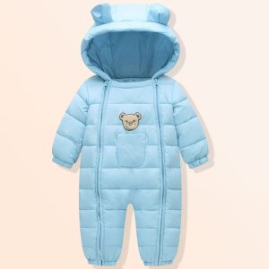 کاپشن سرهمی کلاه دار نوزادی پسرانه آبی طرح خرس