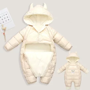 کاپشن سرهمی کلاه دار نوزادی کرم طرح گاو