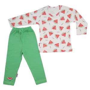 ست بلوز آستین بلند با شلوار سبز بچه گانه یلدایی طرح هندوانه لوپتو luppeto