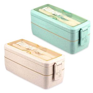 ظرف غذای بامبو 2 طبقه با قاشق و چنگال 750 میل Lunch Box