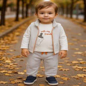 ست بلوز شلوار و پافر نوزادی پسرانه طرح گربه بی ارگانیک Biorganic