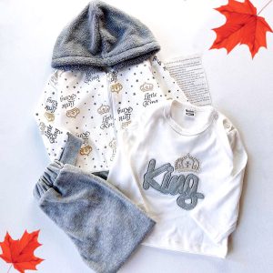 ست سویشرت و شلوار نوزاد با بلوز آستین بلند طوسی طرح King نی نی ناز