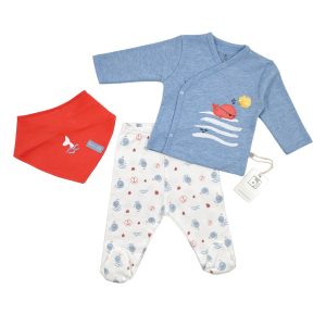 ست بلوز جلو دکمه دار، شلوار و پیشبند پسرانه طرح نهنگ دزد بی بیبی Bi Baby