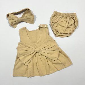 ست سارافون دخترانه با هدبند طرح پاپیون خاکی سولو