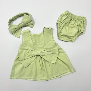 ست سارافون دخترانه با هدبند طرح پاپیون سبز سولو