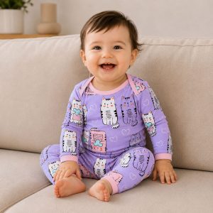 زیردکمه بلند با شلوار دخترانه طرح گربه بنفش ماماز پاپاز Mamas Papas