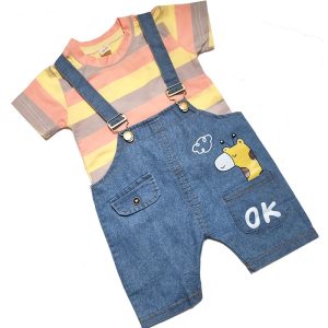 ست تیشرت راه راه نارنجی و شلوار پیشبندی طرح زرافه