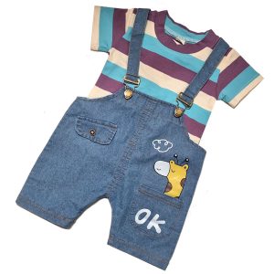 ست تیشرت راه راه بنفش و شلوار پیشبندی طرح زرافه