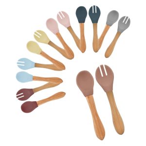 قاشق و چنگال سیلیکونی دسته چوبی مینیک اوی اوی