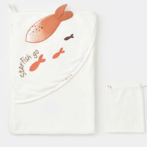 ست حوله کلاه دار و لیف نوزادی طرح استارفیش بی ارگانیک