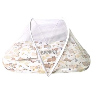 پشه بند فنری نوزاد با تشک و بالش نخی طرح خرس بیبی لایک