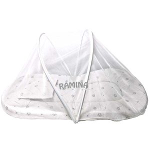 پشه بند فنری نوزاد با تشک و بالش نخی طرح قلب و تاج بیبی لایک