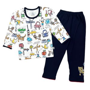 ست بلوز آستین بلند و شلوار بچه گانه طرح مدادرنگی سرمه ای لیدولند