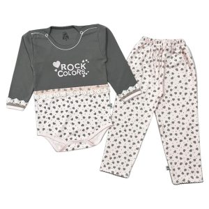 ست زیردکمه ای بلند و شلوار بچه گانه طرح قلب و تور لیدولند