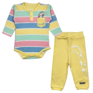 ست زیر دکمه ای بلند و شلوار بچه گانه طرح راه راه زرافه به آوران