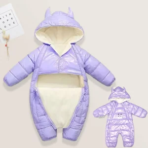 کاپشن سرهمی کلاهدار نوزادی دخترانه بنفش طرح گاو