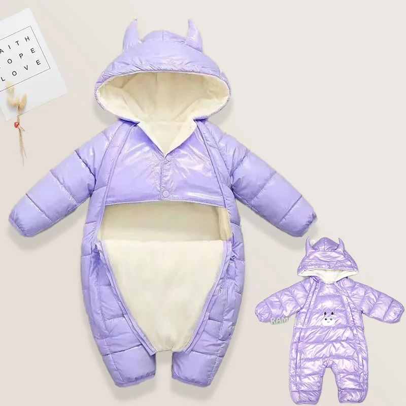 کاپشن سرهمی کلاهدار نوزادی دخترانه بنفش طرح گاو