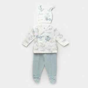 ست سه تکه مانتو، کلاه و شلوار نوزادی طرح گنجشک سبز بی بیبی