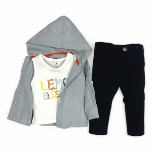 ست پیراهن کلاه دار، رکابی و شلوار کتان پسرانه طرح پرنده لمون