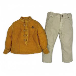 ست پیراهن و شلوار کتان کودک کد 9696 لمون