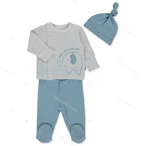 ست سه تکه مانتو، کلاه و شلوار نوزادی کد 951 آبی ببتو