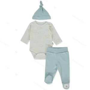 ست سه تکه زیر دکمه دار آستین بلند، کلاه و شلوار نوزادی طرح ابر ببتو