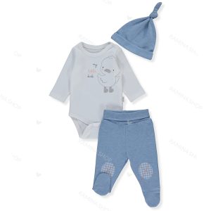 ست سه تکه زیر دکمه دار آستین بلند، کلاه و شلوار نوزادی طرح جوجه اردک ببتو