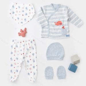 ست لباس بیمارستانی نوزادی پسرانه 5 تکه طرح نهنگ دزد بی بیبی Bi Baby