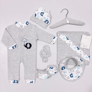 ست لباس بیمارستان نوزاد پسر 7 تکه طرح فیل و چتر طوسی مادرکر Mothercare