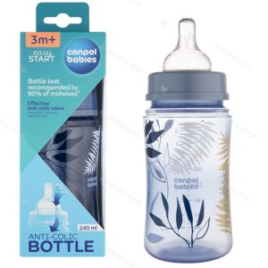 شیشه شیر آنتی کولیک طلقی 240 میل طرح گلد رنگ آبی کانپول Canpol