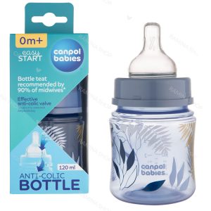 شیشه شیر آنتی کولیک طلقی 120 میل طرح گلد رنگ آبی کانپول Canpol