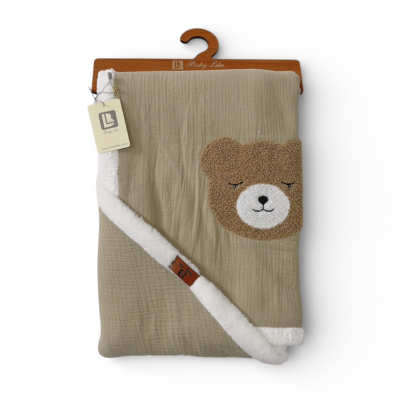 پتو خز دار کلاهدار موسلین نوزاد طرح خرس بیبی لایک Baby Like