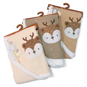 پتو خز دار کلاهدار موسلین نوزاد طرح گوزن بیبی لایک Baby Like