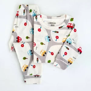 ست بلوز شلوار نخی بچه گانه طرح ماشینی کوکو Coco