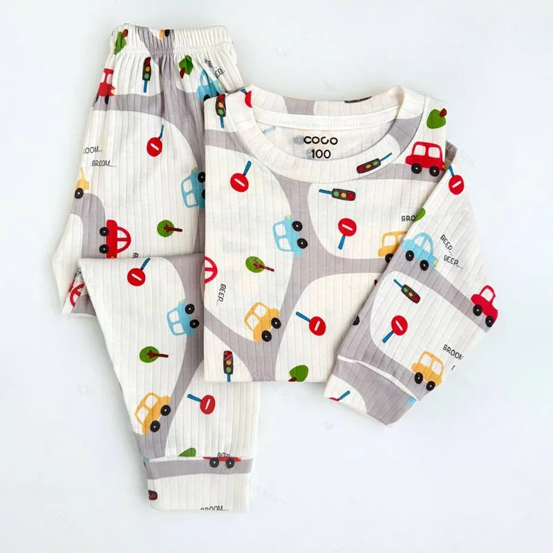 ست بلوز شلوار نخی بچه گانه طرح ماشینی کوکو Coco